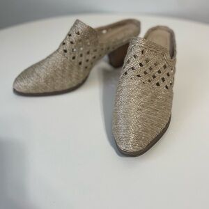 Tan Woven Mules with Block Heel